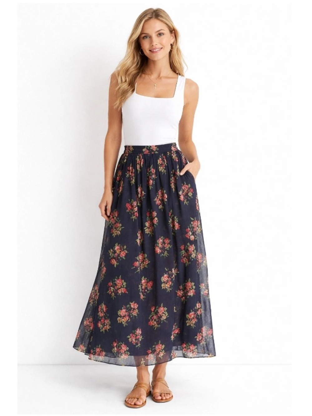 J Crew Point Sur Skirt Womens Size 6 Navy Floral Midi Pleated Feminine Fairy